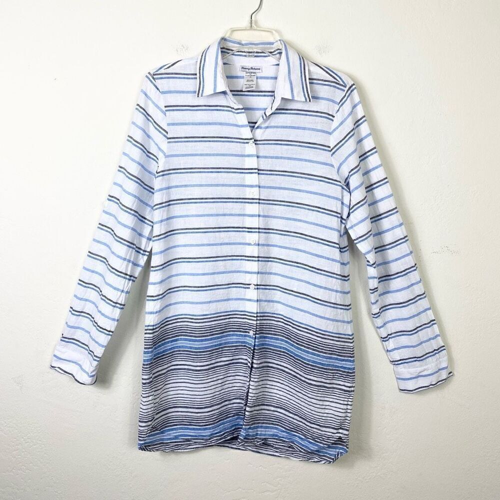 Tommy Bahama white and blue striped long sleeve button up shirt dress Size M